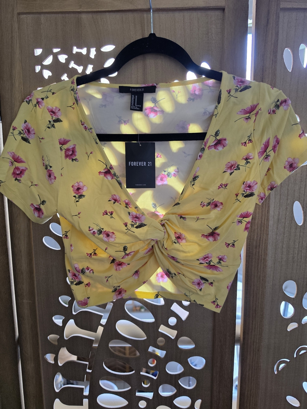 Forever 21 Yellow Floral Twist-Knot Crop Top with Pink Blooms